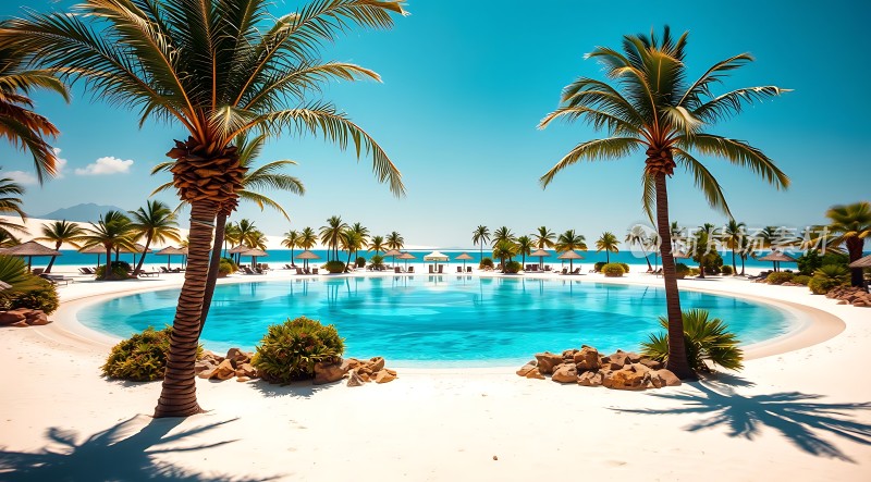 碧蓝泳池棕榈树椰风海韵