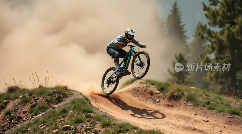 山地骑行者飞跃土坡尘土飞扬展现速度与激情