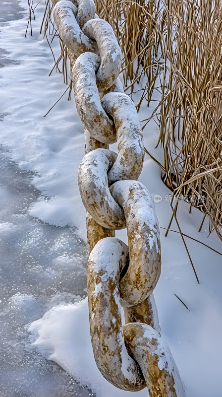 沉重链条被冰雪覆盖