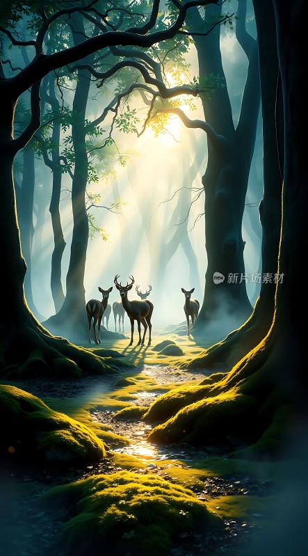 晨光中的鹿影森林