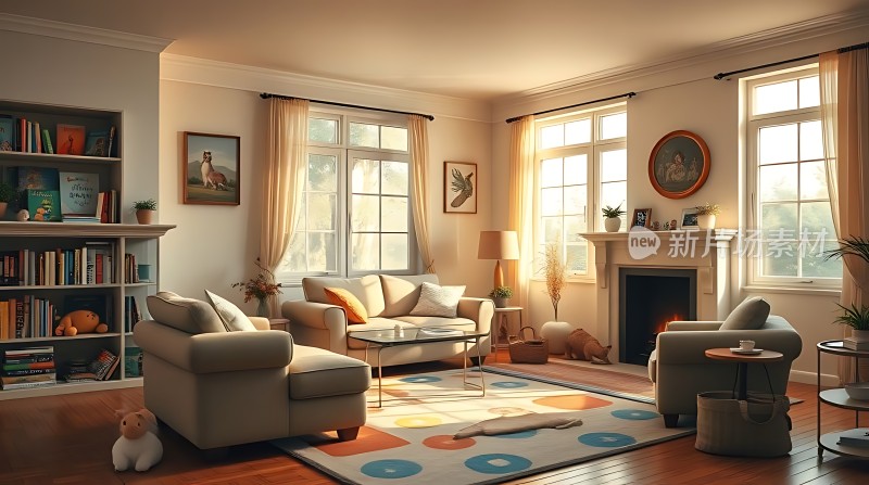 温馨客厅舒适沙发温暖壁炉书香气息