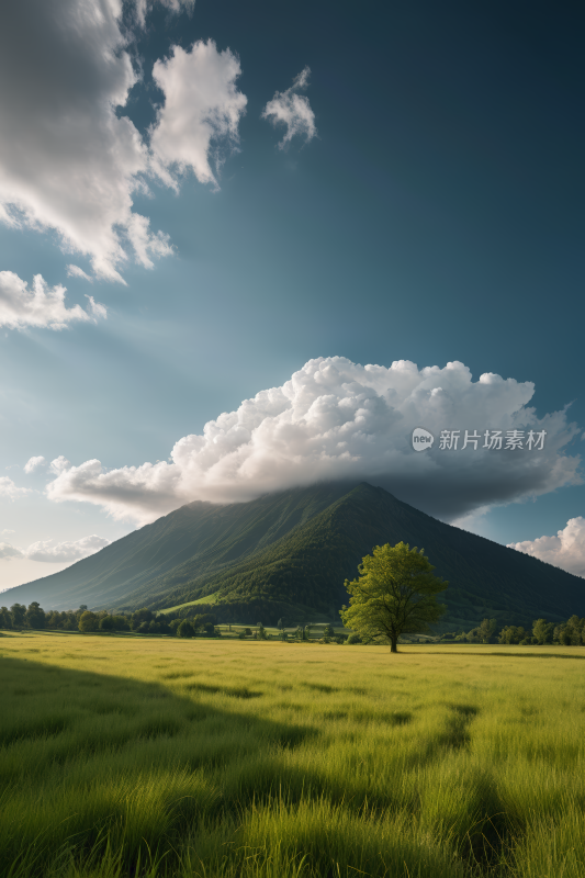 田野里一棵孤树一座高山清风景图片