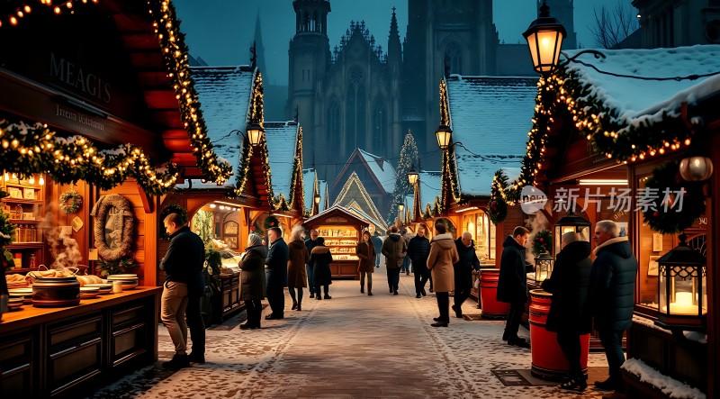 圣诞集市夜市温馨灯光下的冬日购物狂欢