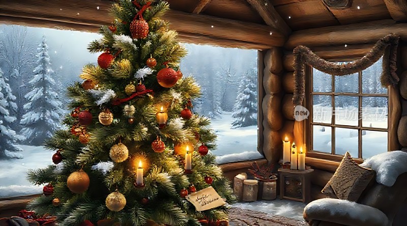 温馨圣诞树下的雪景小屋