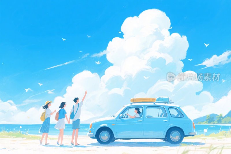 海边出游插画场景