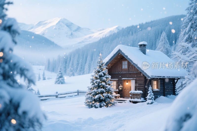 冬日雪山木屋雪景