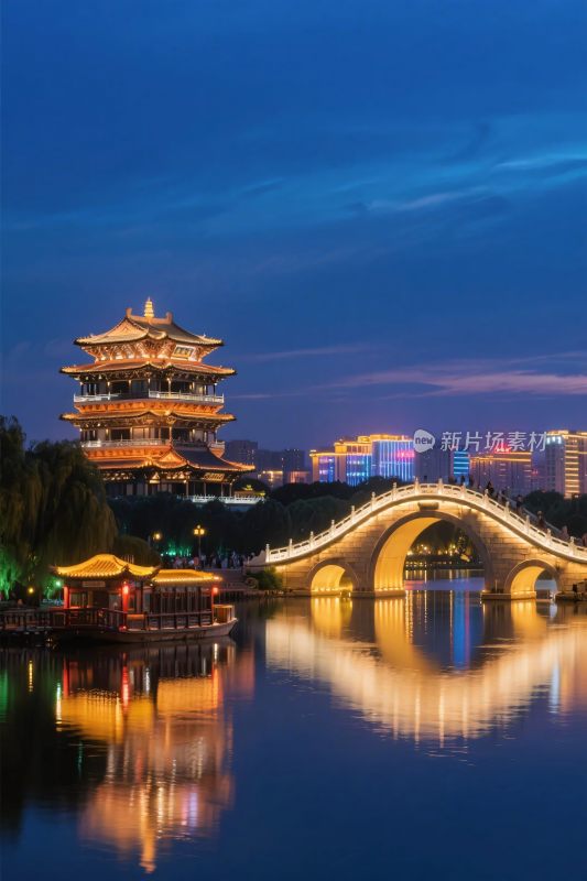 城市夜景古塔桥梁