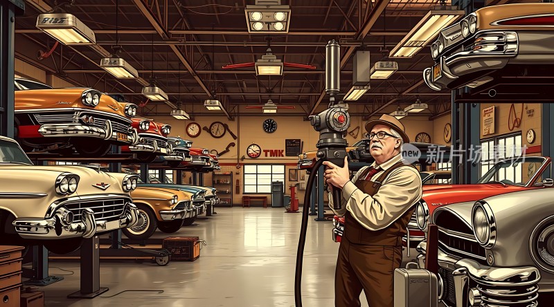 经典车库里的老式汽车维修师