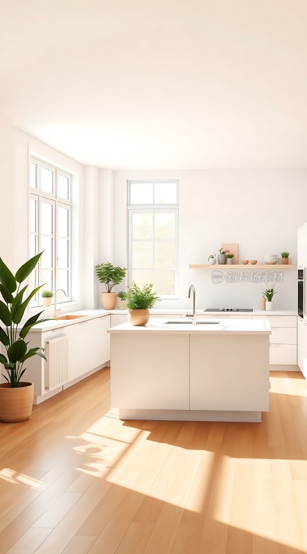 阳光洒满现代简约厨房绿植点缀温馨生活空间