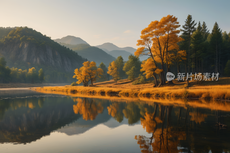 树木在湖的前景中一座高山清风景图片