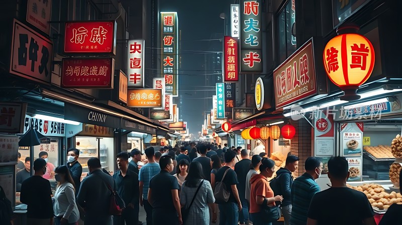 繁华夜市人潮涌动霓虹灯下美食琳琅满目