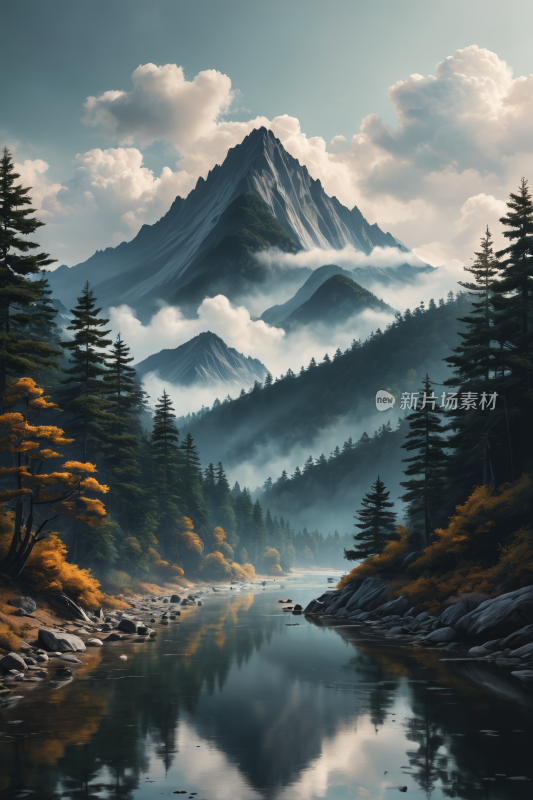 一座山前景是河流和树木高清风景插图片