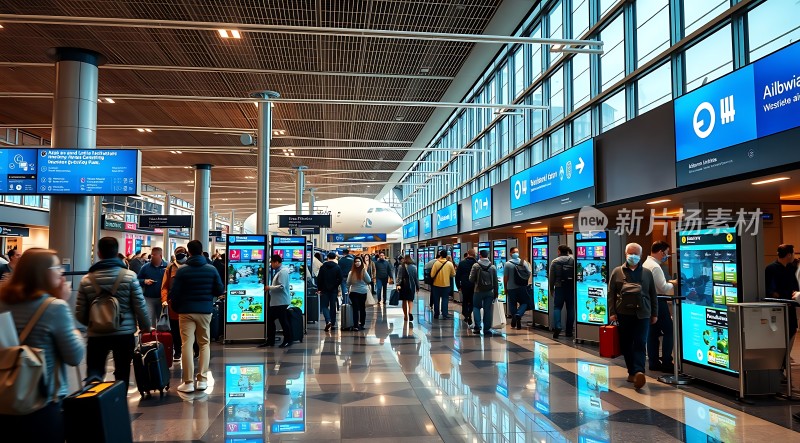 繁忙机场候机大厅旅客排队办理登机手续