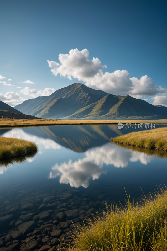 山倒映在长满草和岩石的湖中高清风景图片