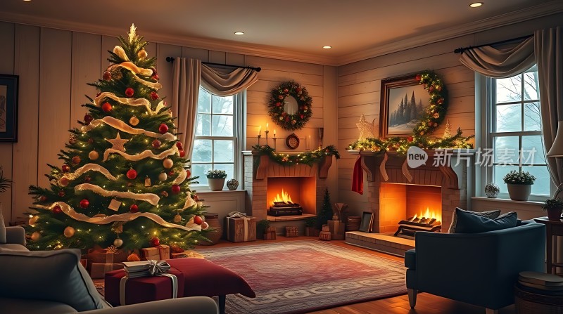 温馨圣诞之家壁炉旁的节日盛宴