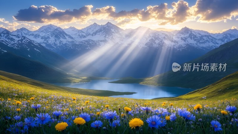 雪山下的宁静湖泊 雪山 湖泊 草地 鲜花