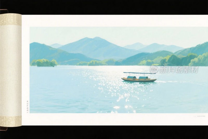 山水湖景手绘插画