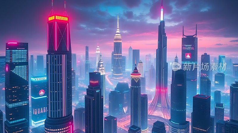 未来都市夜景霓虹闪烁的高楼大厦