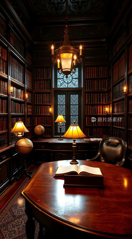 古色古香书房书架、木桌、台灯和地球仪