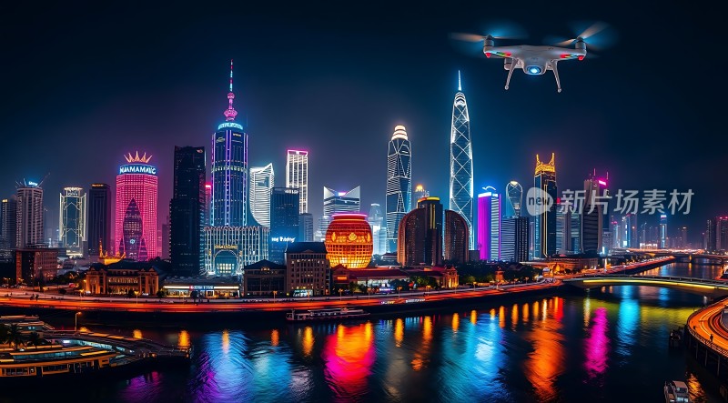 夜幕下的城市风光无人机俯瞰灯火辉煌的建筑群