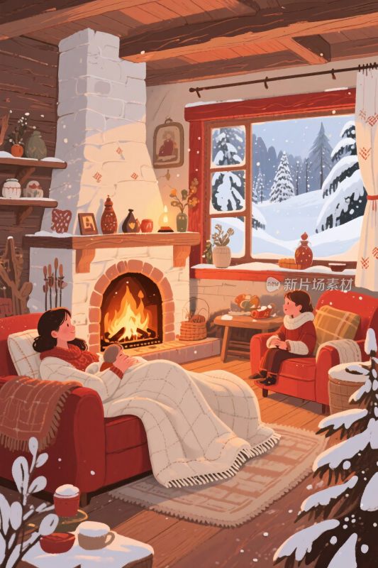 冬日温馨室内亲子场景插画