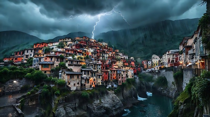 暴风雨中的多彩小镇