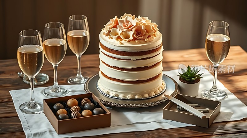 三层蛋糕配香槟和巧克力球