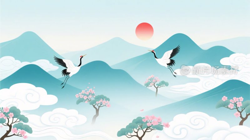 山水间双鹤伴日飞翔图景