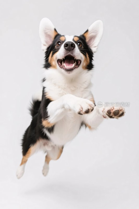 欢快跳跃的三色柯基犬