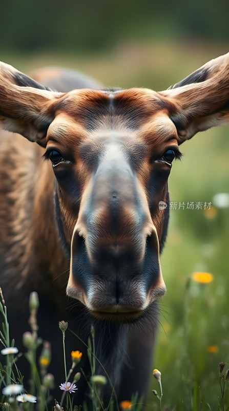 棕色小鹿在花丛中探出头