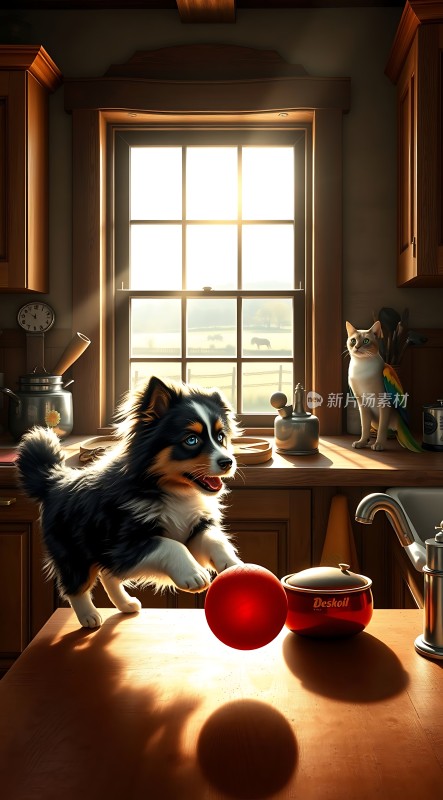 阳光下的厨房里小狗和猫咪一起玩耍