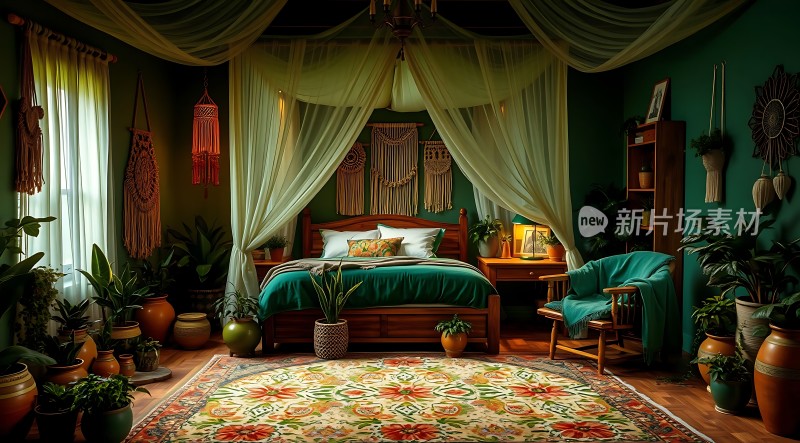 绿色卧室植物环绕舒适床铺温馨氛围