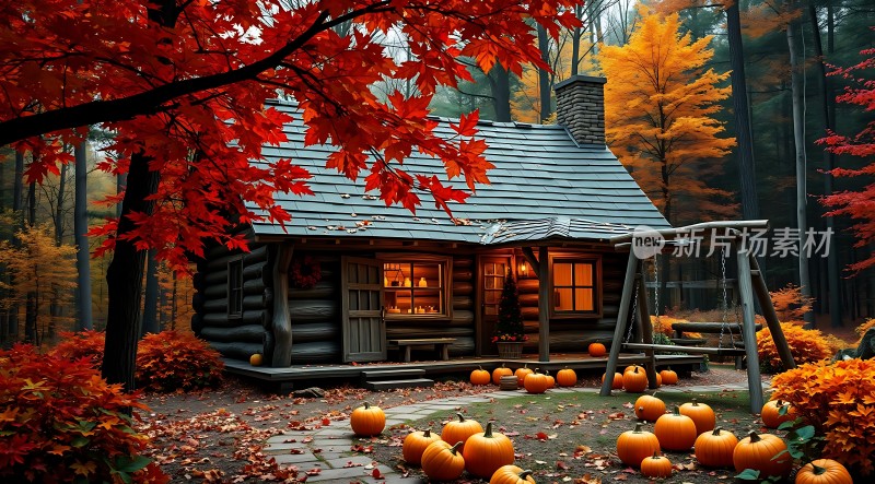 秋日小木屋与南瓜的温馨时光
