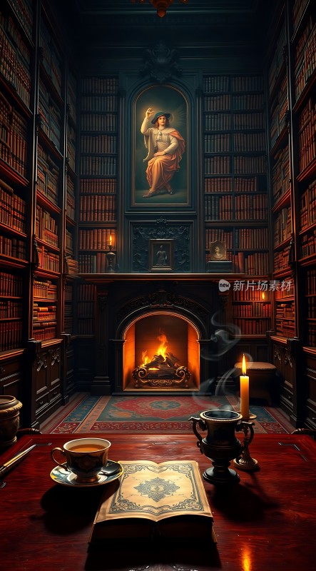 古董书房里的神秘壁炉与雕像