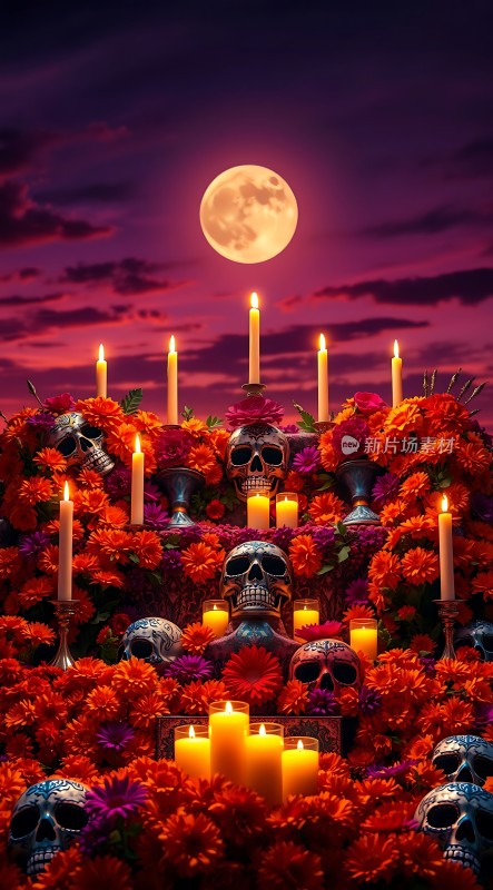 万圣节之夜骷髅与蜡烛的神秘盛宴