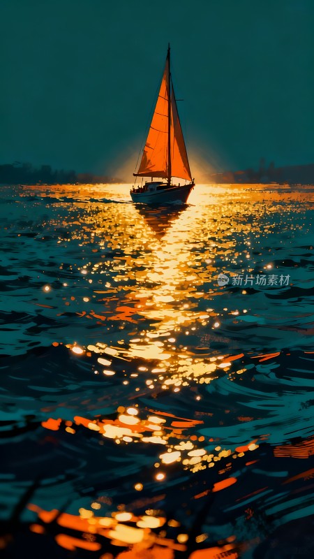 日落帆影映波光