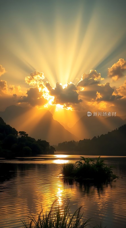 湖畔晨曦映照下的宁静美景