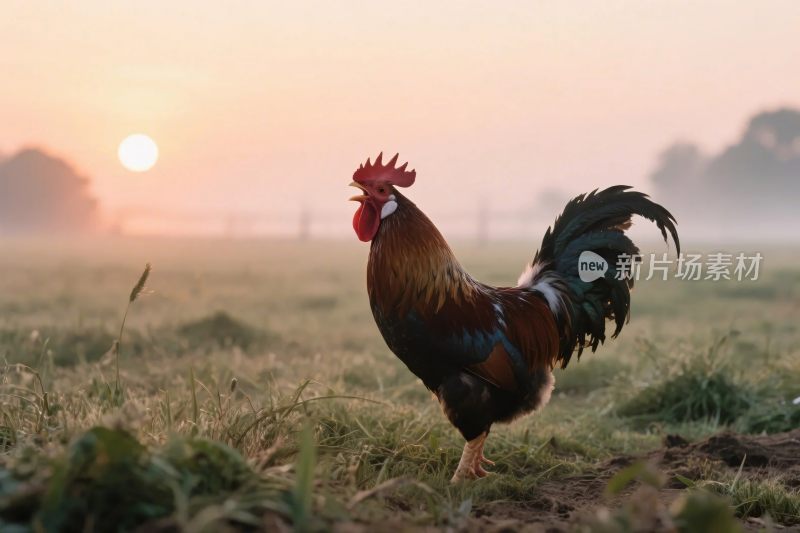 晨雾中站立的公鸡