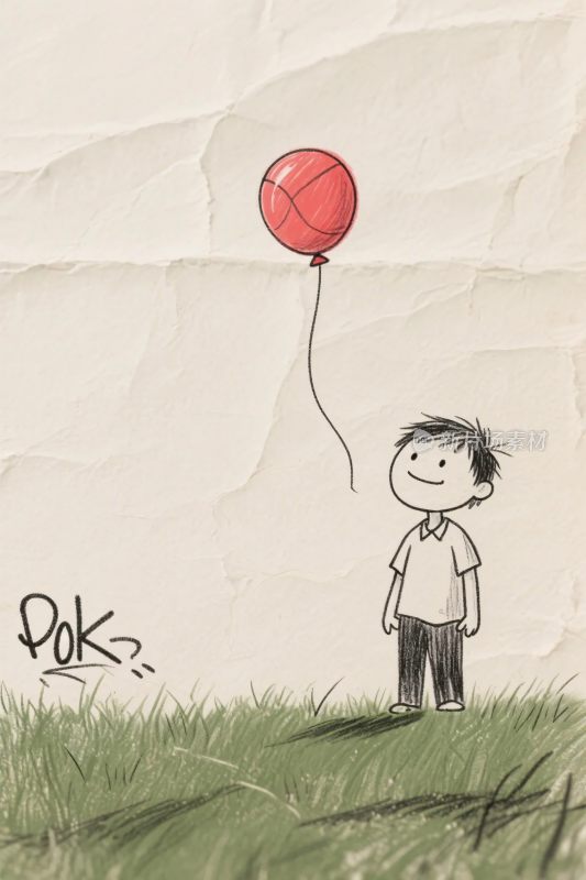 男孩持红气球插画