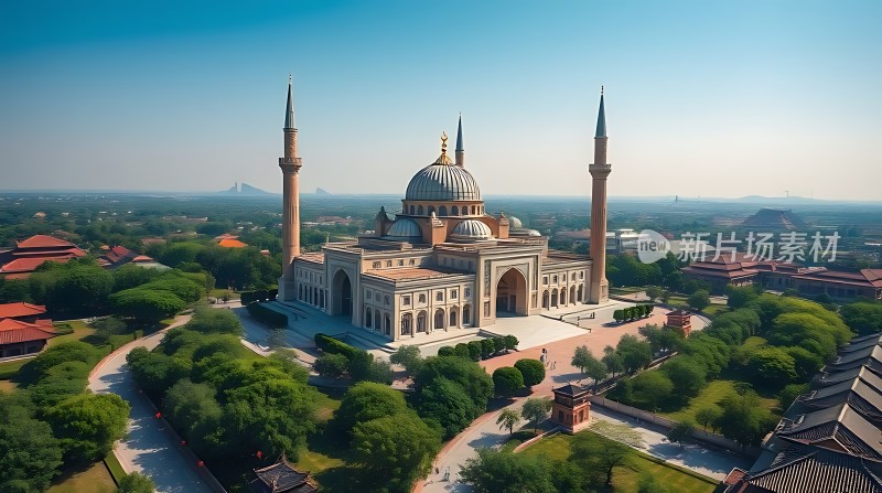 蓝天下的宏伟清真寺绿树环绕的建筑群