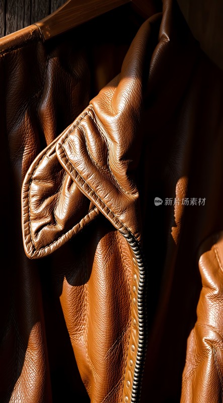 棕色皮衣细节特写展现皮革质感和工艺