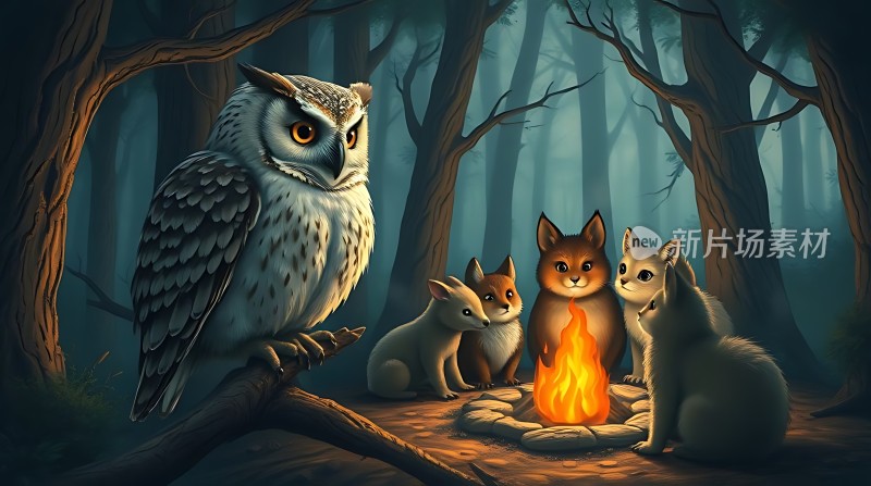 森林夜晚篝火旁的猫头鹰和三只小狐狸