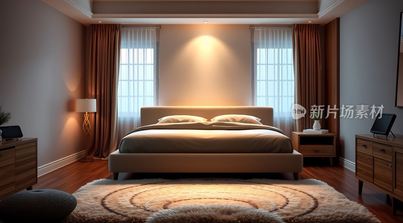 温馨卧室舒适床铺柔和灯光宁静生活
