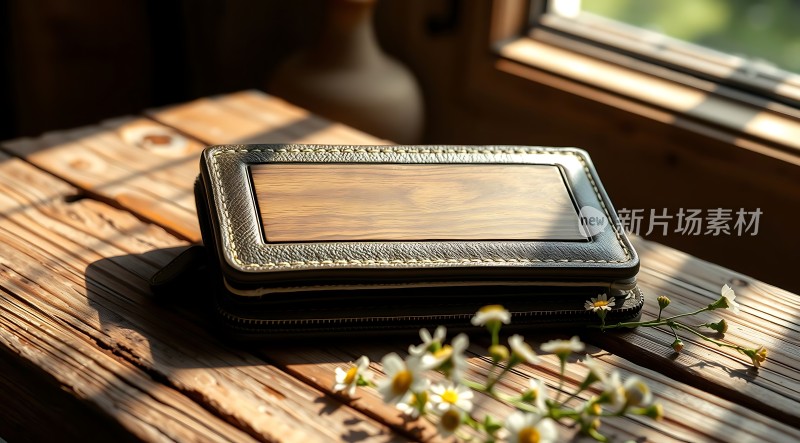 阳光下的木纹钱包与小白花