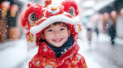 中国新年春节元宵节儿童带舞狮帽开心的笑