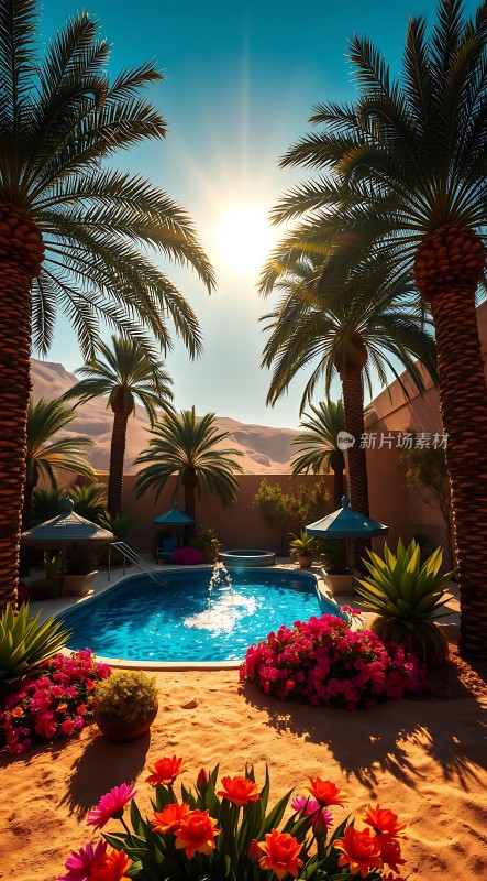 阳光下的热带风情泳池