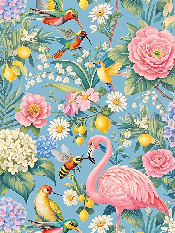 热带花卉与鸟类图案
