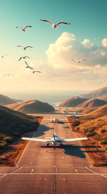 阳光下的飞机跑道与飞翔的海鸥
