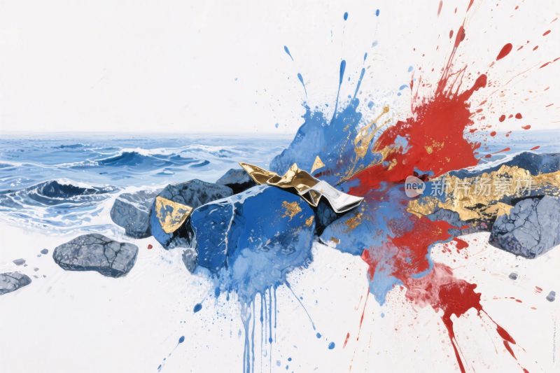 水彩海浪礁石艺术画