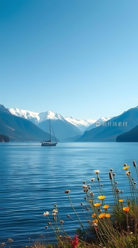 湖畔花语帆影山色